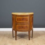 A continental D shaped marble topped walnut side cabinet fitted with two deep drawers and standing