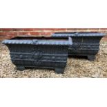 A pair of French style painted cast iron rectangular garden planters, 61cm wide x 30cm deep x 37cm