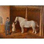 19th century English school A gentleman, a groom and his horse in a stable, oil on canvas, unsigned,