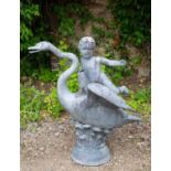 A lead fountain in the form of a boy riding on the back of a swan, 87cm highCondition report: