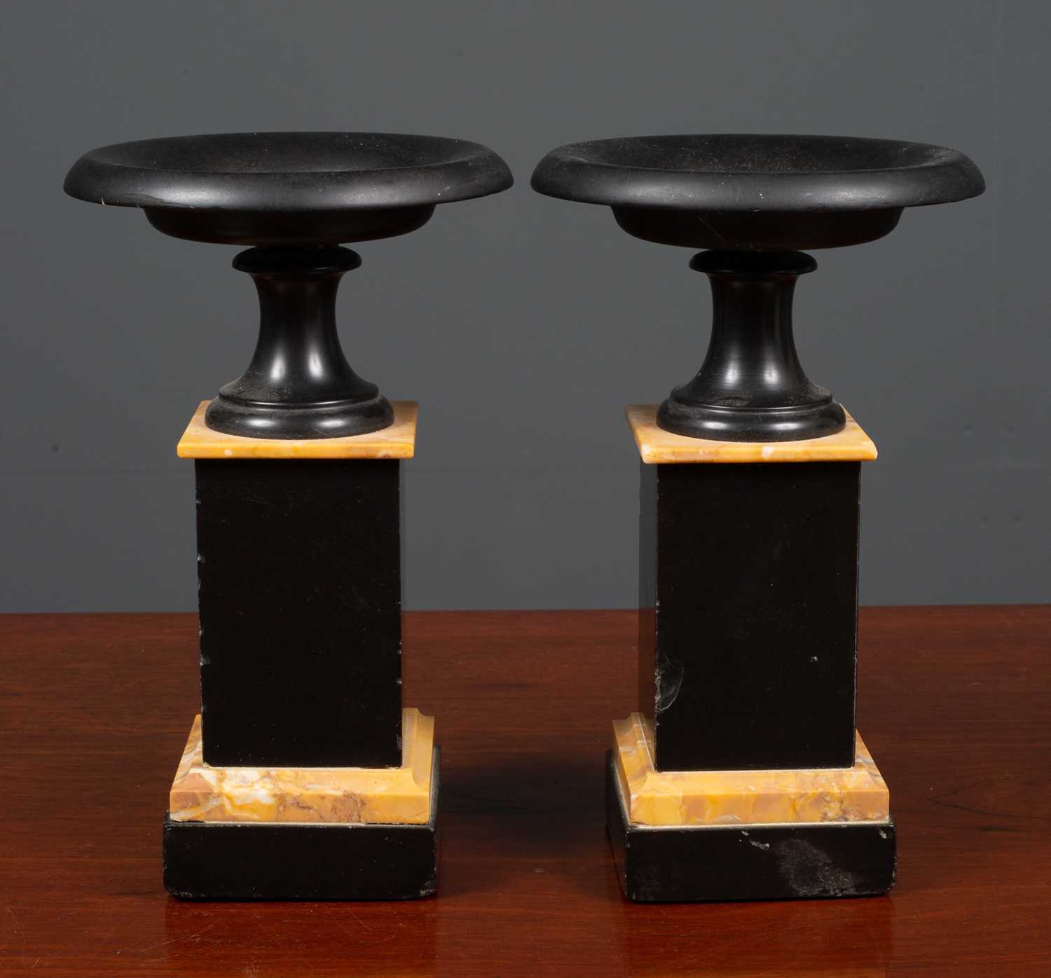 A pair of Victorian turned black slate and marble tazza of classical form on plinth bases, 14.5cm - Image 2 of 3