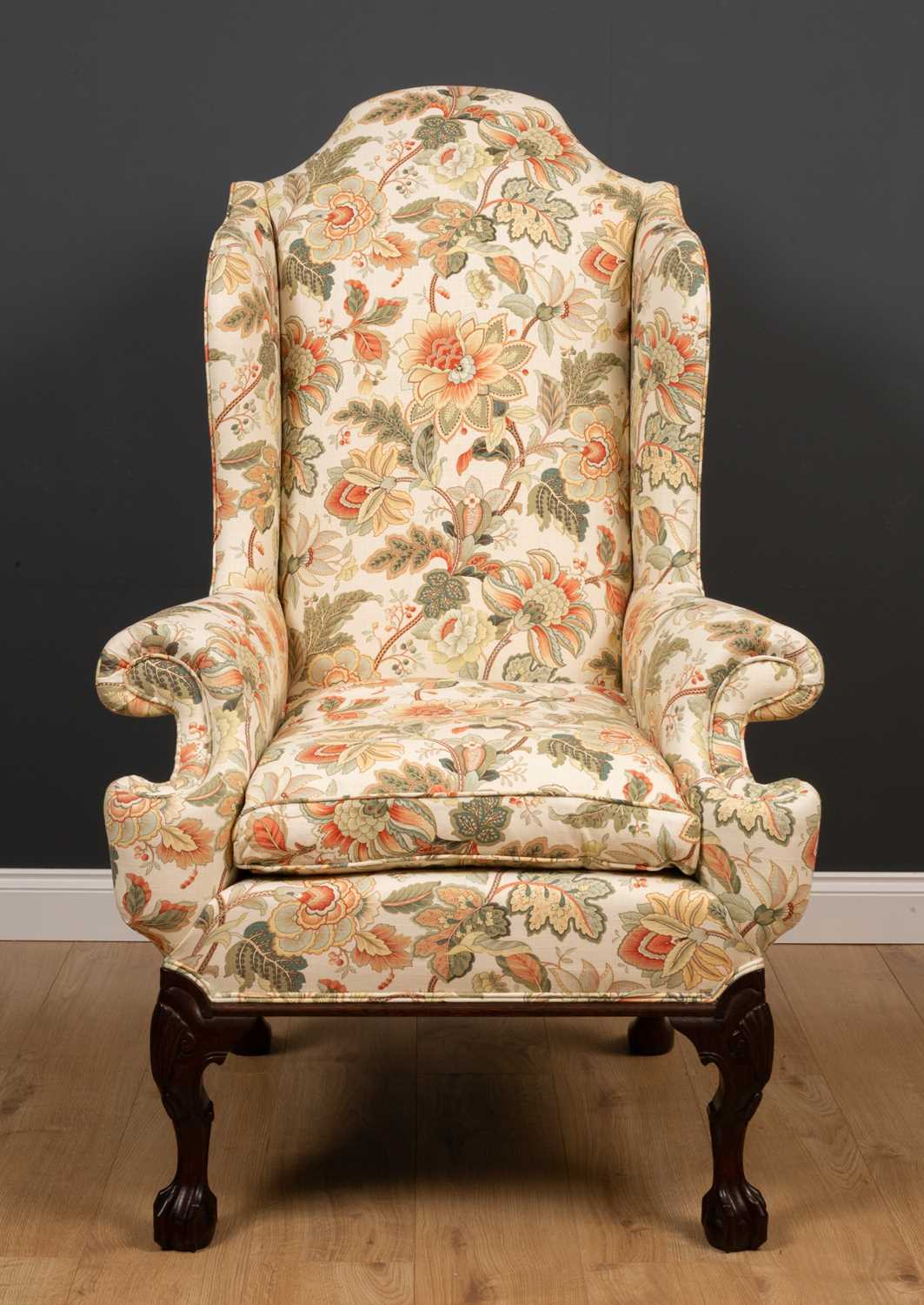 A George II style wingback armchair with floral upholstery and label for 'The Odd Chair Company' - Image 7 of 7