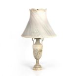 An art deco style carved alabaster table lamp in the form of an urn, 53cm high to the top of the