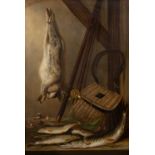 R G Brown (Mid 19th century school) still life with rabbit, fisherman's rod and creel, fish and