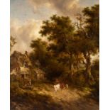 Richard Hilder (1813-1853) A country path with figures and cattle by a cottage in a wooded
