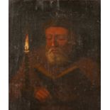 19th century English school bearded gentleman reading by candlelight, oil on canvas laid on board,