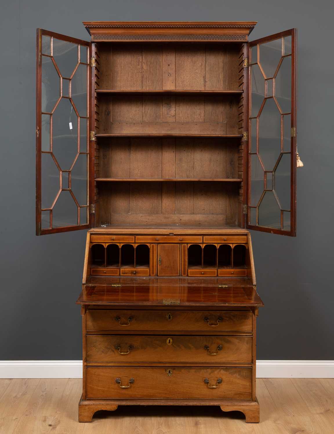 A George III mahogany bureau bookcase with astragal glazed doors to the upper section enclosing - Image 2 of 5