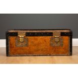 A small 19th century tan leather iron bound trunk or box 67cm wide x 33cm deep x 27cm