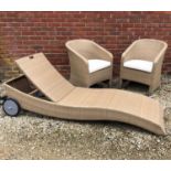 A garden lounger 206cm long together with a pair of matching tub chairs (3)Qty: 3Condition report: