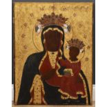 A decorative parcel gilt icon depicting the Virgin and Child, each with a coloured glass set '