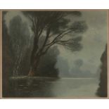 Henri Foudaz (?) River landscape, etching in colours, pencil signed in the margin and numbered