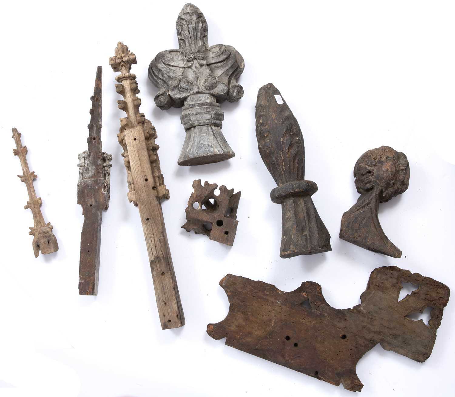 A collection of eight pieces of ecclesiastical wooden carvings, probably English, medieval and - Image 2 of 2