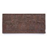 A Benin carved rectangular panel, a central OBA with umbrella and four attendant figures, 60 x 27.