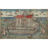 A 17th century German wood cut depicting Noah's Ark, with gothic script verso, later coloured, 11.
