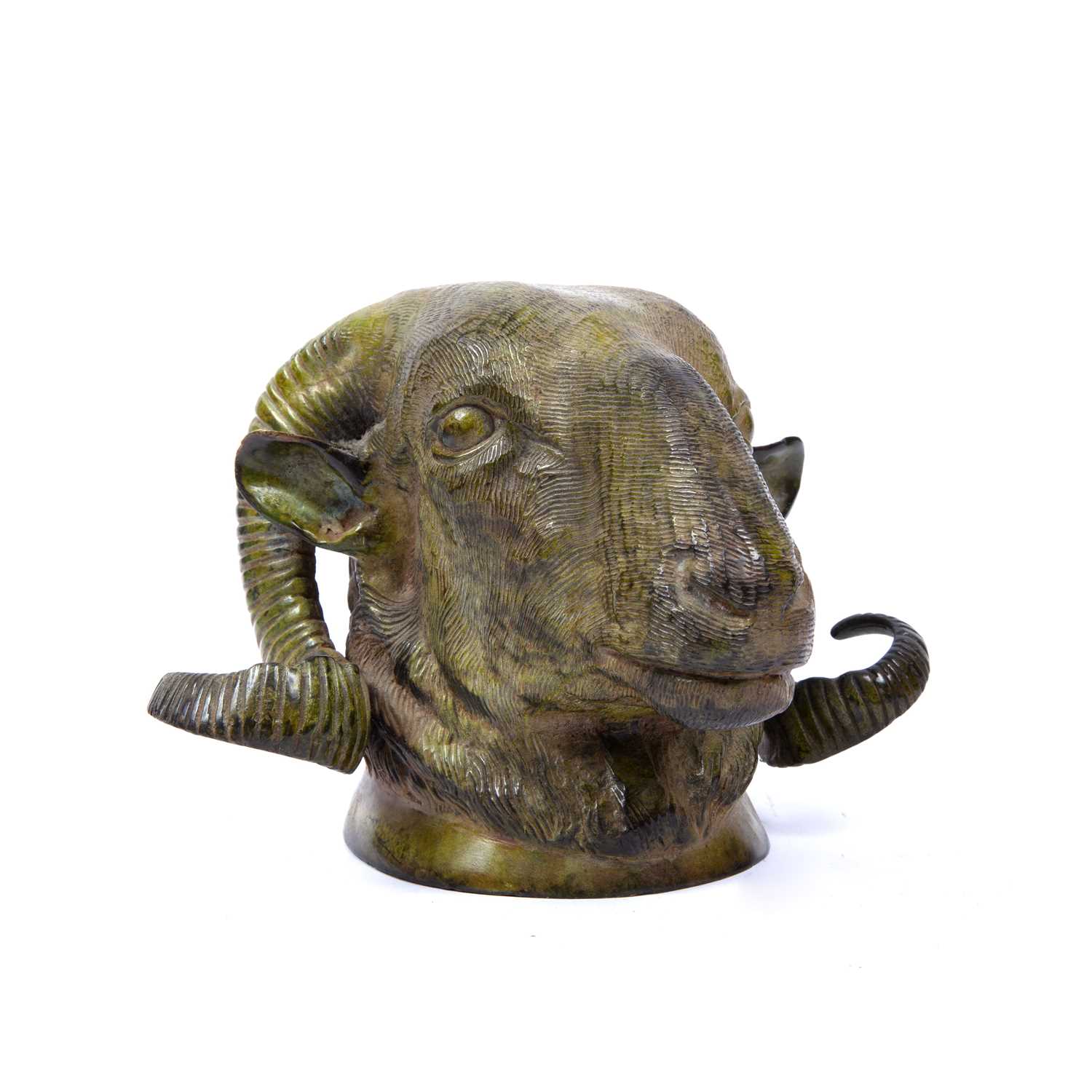 A 19th century bronze ram's head wall mount with green patina, 15cm high