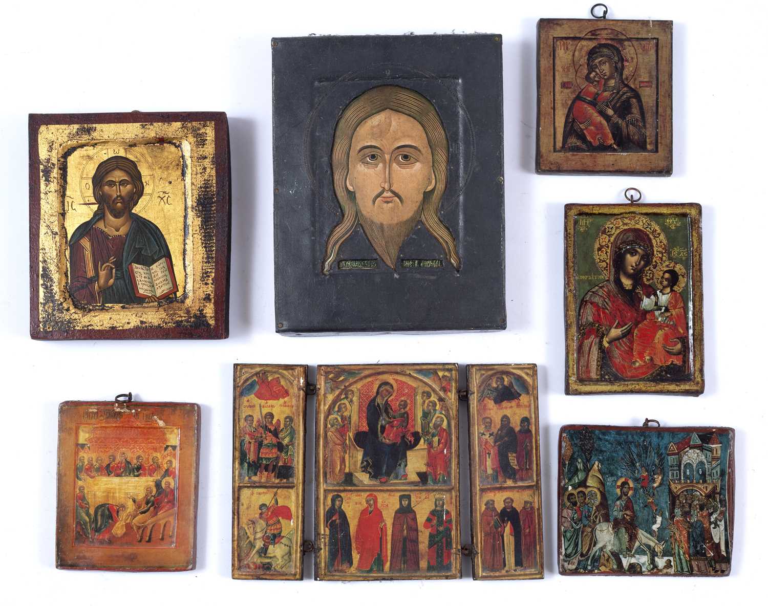 A collection of seven old reproductions of Byzantine Orthodox Icons, varying size, 21 x 16.5cm and