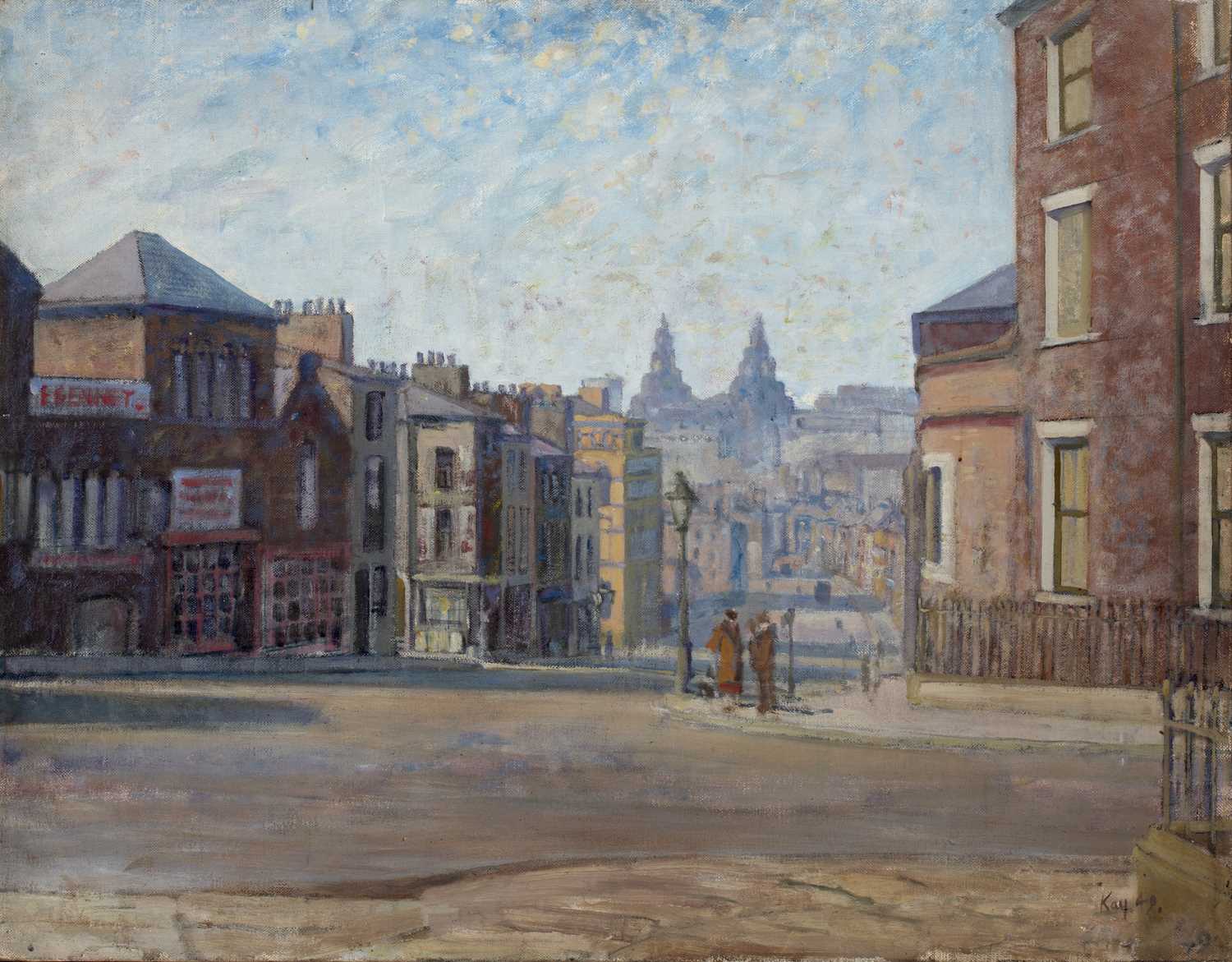 Bernard Kay (1927-2021) Liverpool - Rodney St & Upper Duke St. Towers, Liver Building on in the