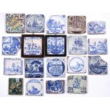 A group of nineteen 17th/19th century Delft and other tiles and tile fragments, mainly blue and