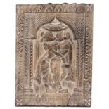 A Hindu carved wooden Mithuna, lovers within an arch, Orissa, India, 60 x 45cm