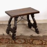 An 18th century Spanish walnut rectangular low table, of shaped scrolling trestle end supports