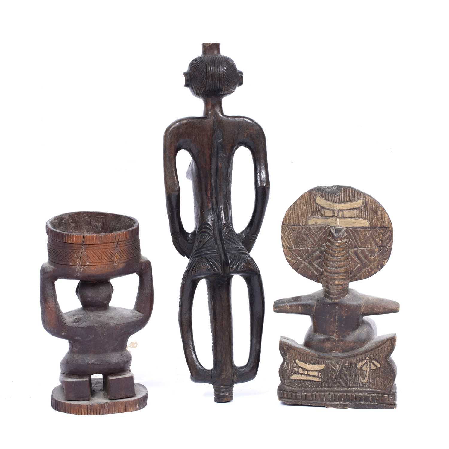 Three African carved wood tribal figures, one Ashanti figure sat on a stool, another figure with - Image 2 of 2