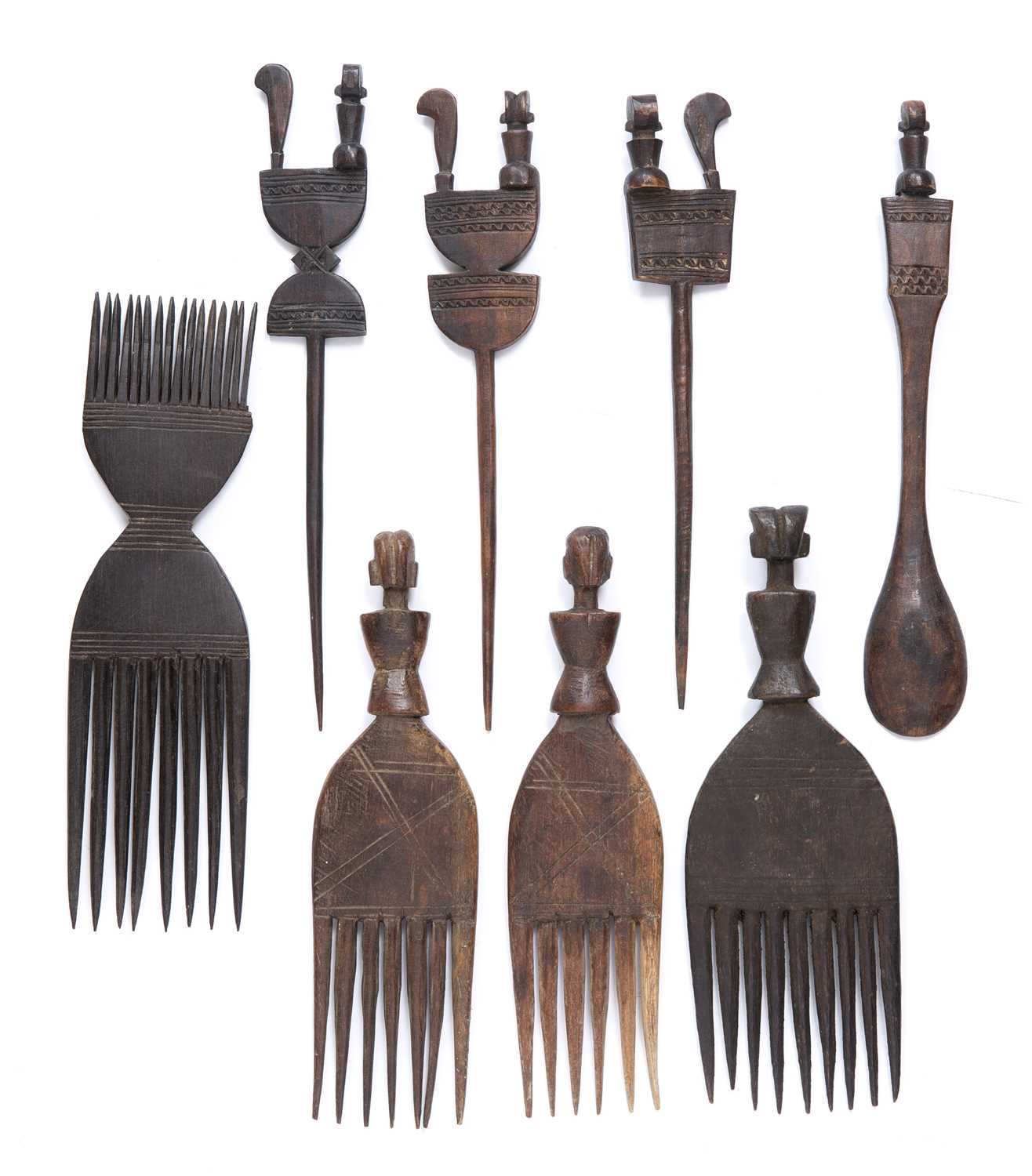 African Hemba hair combs and spikes, with a spoon, all carved wood with scratch work decoration ( - Image 2 of 2