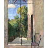 Bernard Kay (1927-2021) Window view with chair signed (lower right) oil on canvas 76 x 63cm.