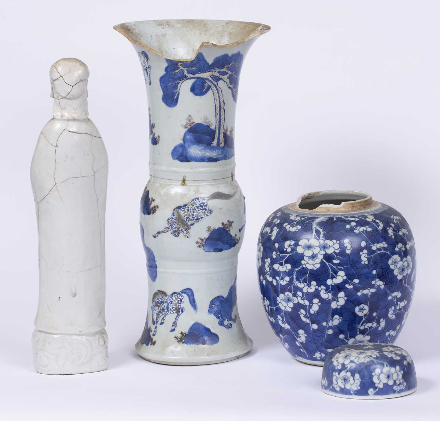 An 18th century Chinese vase with prancing horse decoration, 17.5cm high; a blue and white ginger - Image 2 of 3