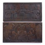 A Benin carved rectangular table top depicting an OBA holding two crocodiles, 61 x 30cm; and a