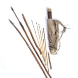 A Bushman hunter bow & arrow set, including a spear, the arrows are kept in a wooden and animal hide