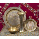 A group of four pieces of Egyptian Mamluk revival metalware to include a trumpet vase, 23cm high,