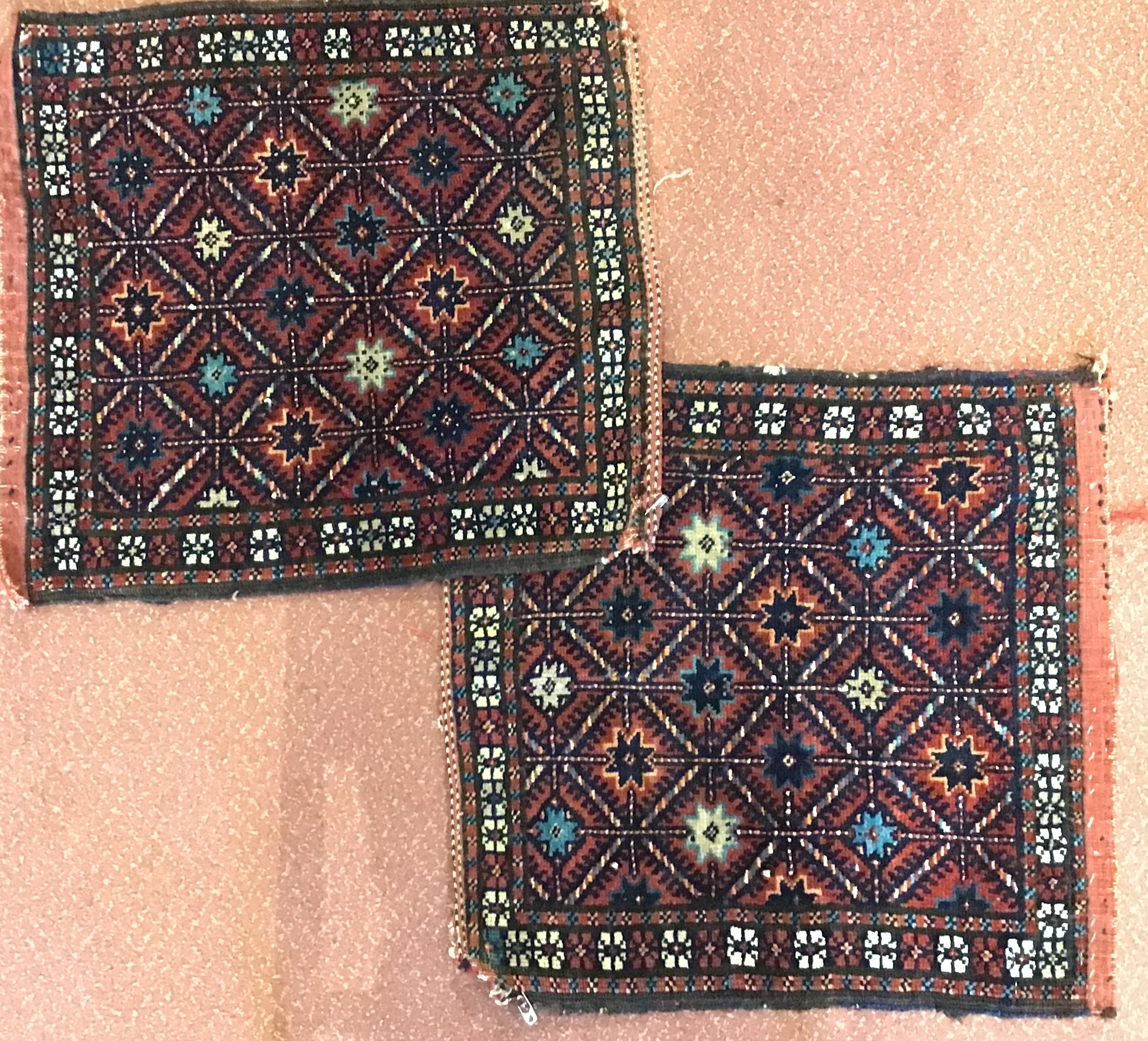 A pair of Persian, Varamin, bag faces decorated with a repeating blue star and geometric motif on