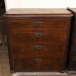 A 19th century French figured walnut and ebony string chest, of four long drawers, on bun feet, 90cm