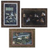 A group of three contemporary Indian painting of hunting scenes with a scrolling border, 22.5 x 31cm