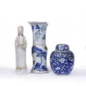 An 18th century Chinese vase with prancing horse decoration, 17.5cm high; a blue and white ginger