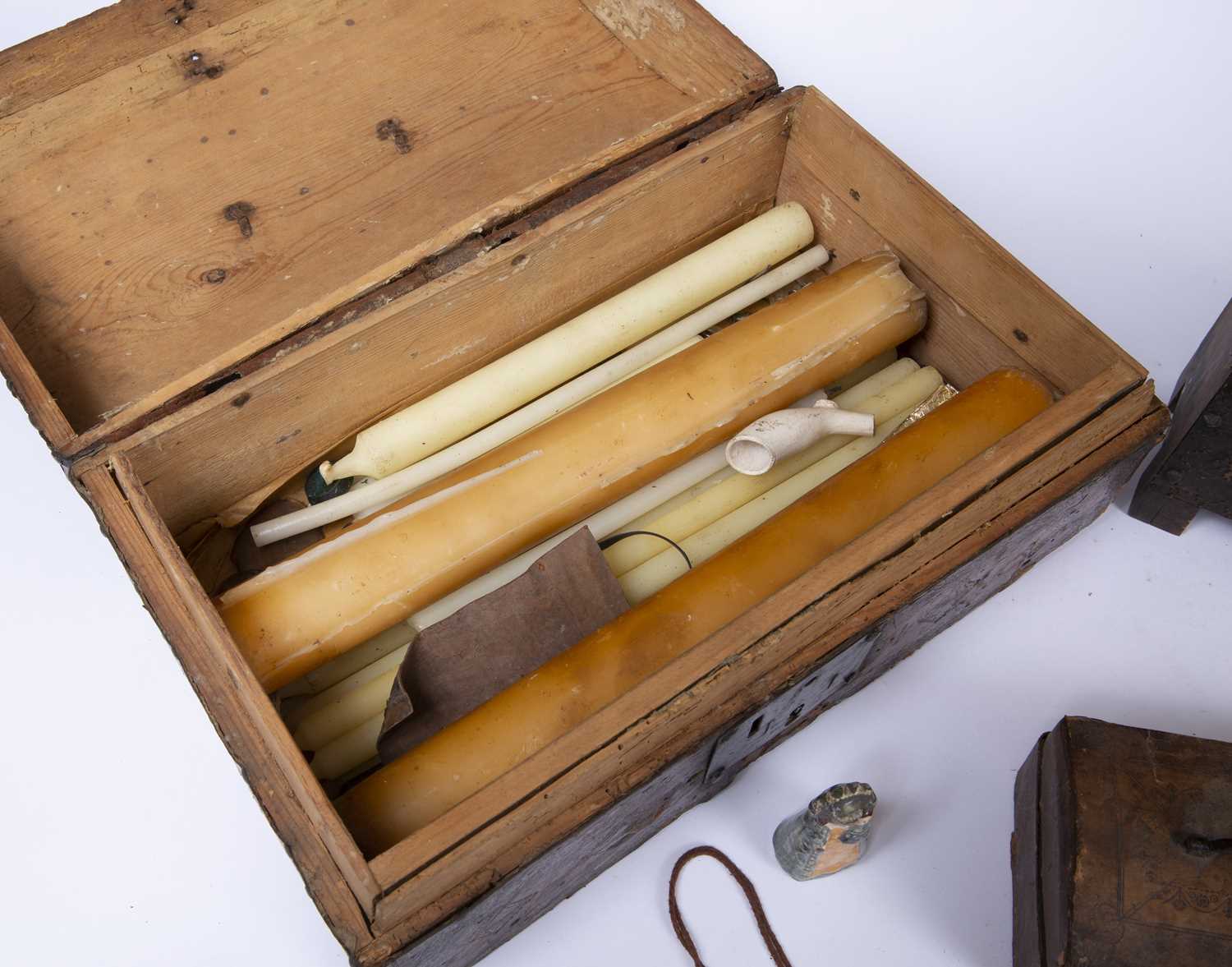 An 18th century leather covered domed top casket, 35cm wide containing a collection of candles, a - Image 3 of 4