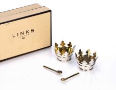 Pair of silver condiment pots in the form of crowns, bearing marks for Links of London, one spoon