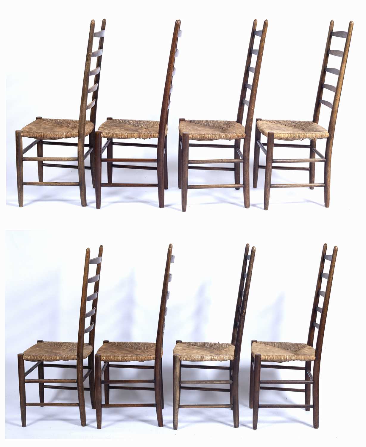 Arts & Crafts set of eight oak ladderback dining chairs with raffia seats, unmarked, 110cm high (8) - Image 7 of 9