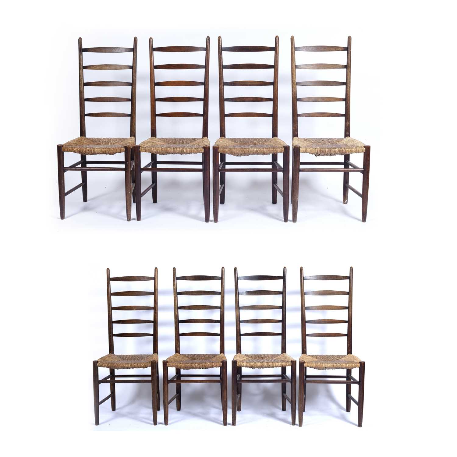 Arts & Crafts set of eight oak ladderback dining chairs with raffia seats, unmarked, 110cm high (8) - Image 6 of 9