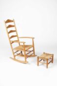 Neville Neale ash rocking chair with raffia seat 112cm high and matching footstool (2) Provenance: