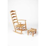 Neville Neale ash rocking chair with raffia seat 112cm high and matching footstool (2) Provenance: