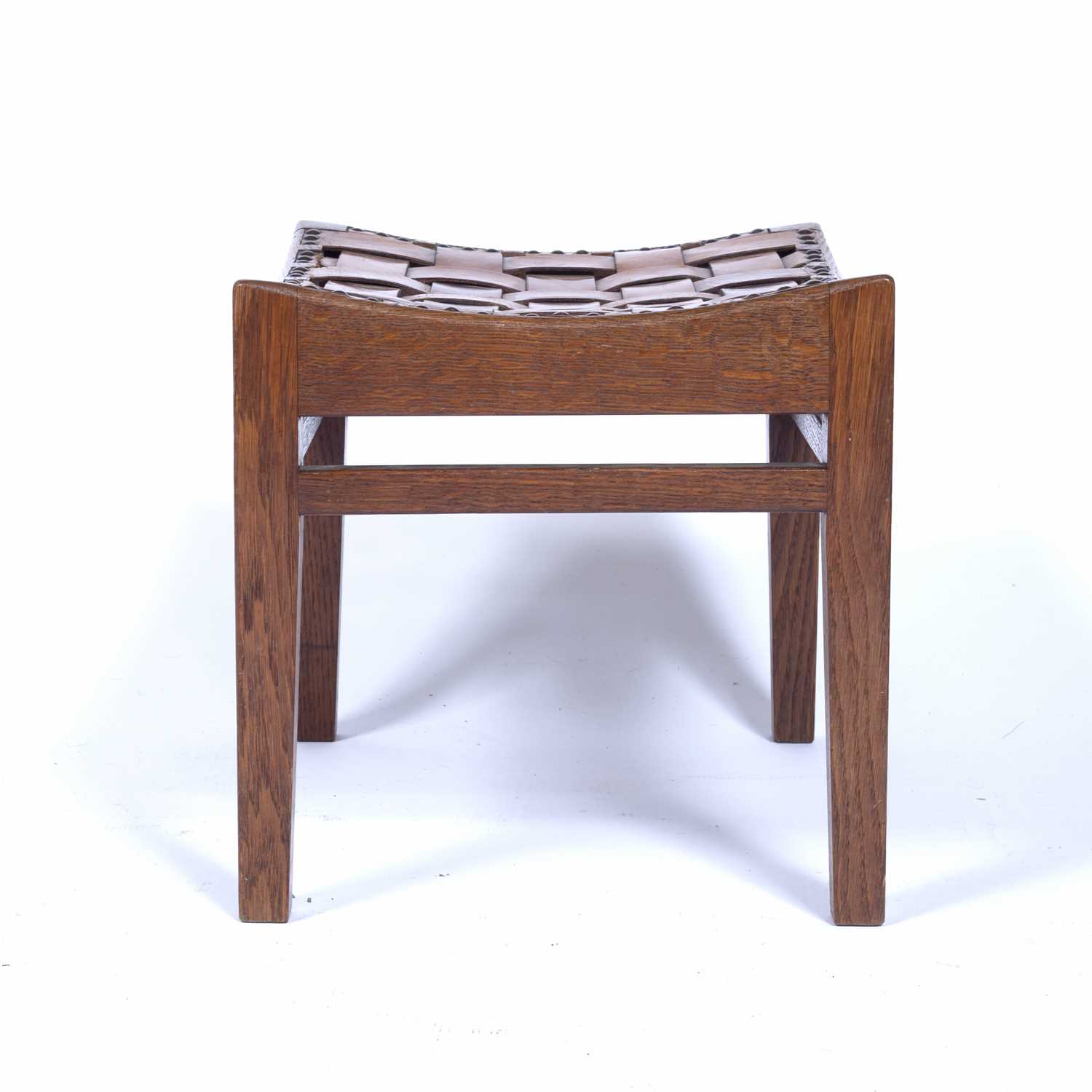 Arthur Simpson (1857-1922) of Kendal Arts and Crafts oak stool, with interwoven leather straps, - Image 4 of 6
