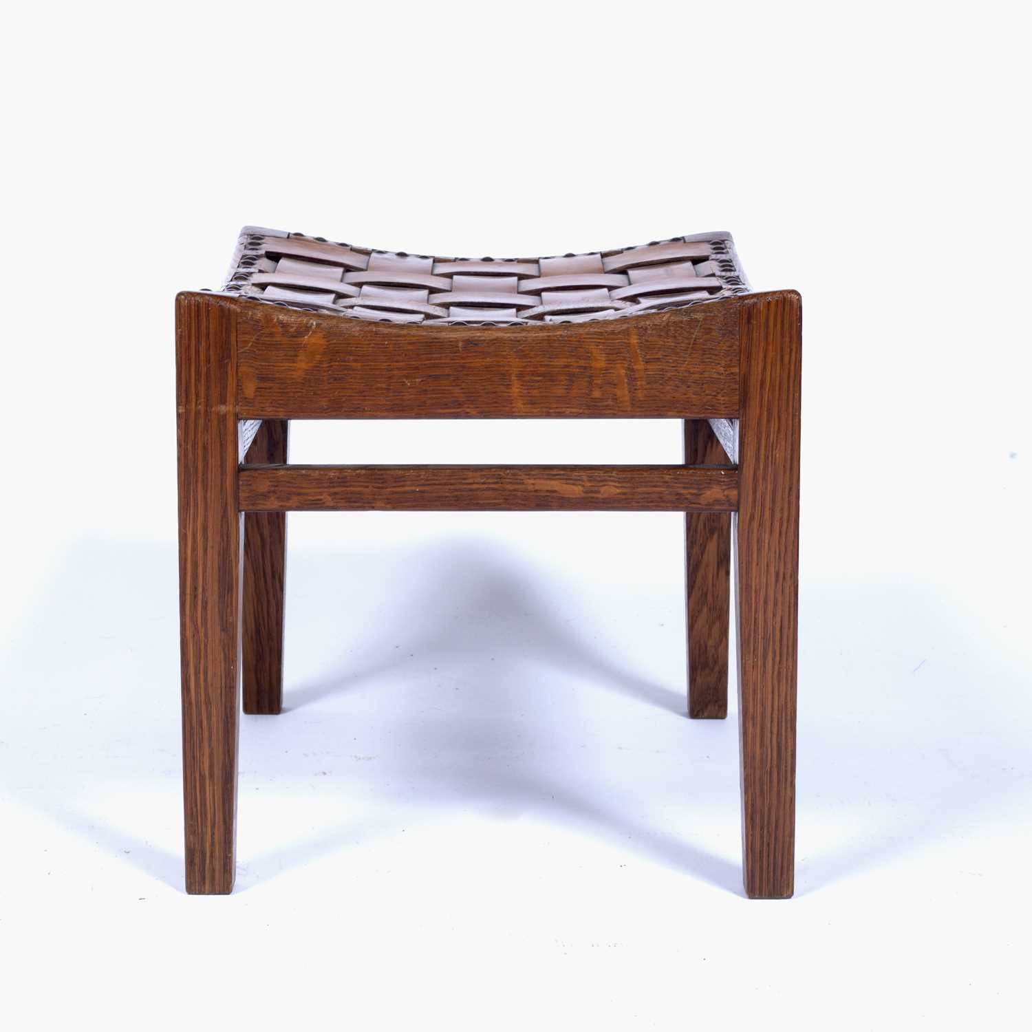 Arthur Simpson (1857-1922) of Kendal Arts and Crafts oak stool, with interwoven leather straps, - Image 2 of 6