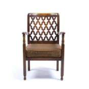 20th Century oak lattice back armchair on square legs, 84cm highCondition report: Overall ok, with