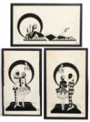 20th Century Continental School 'Art Deco Pierrot clowns' pen and ink studies, indistinctly signed