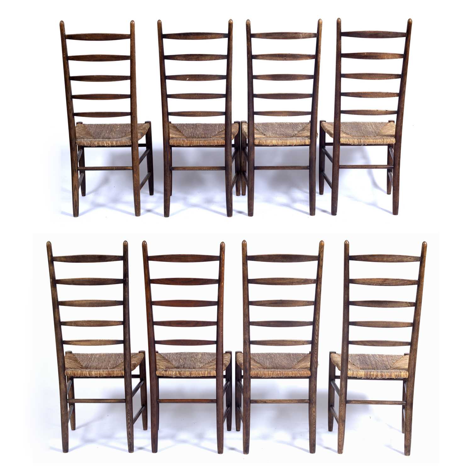 Arts & Crafts set of eight oak ladderback dining chairs with raffia seats, unmarked, 110cm high (8) - Image 8 of 9