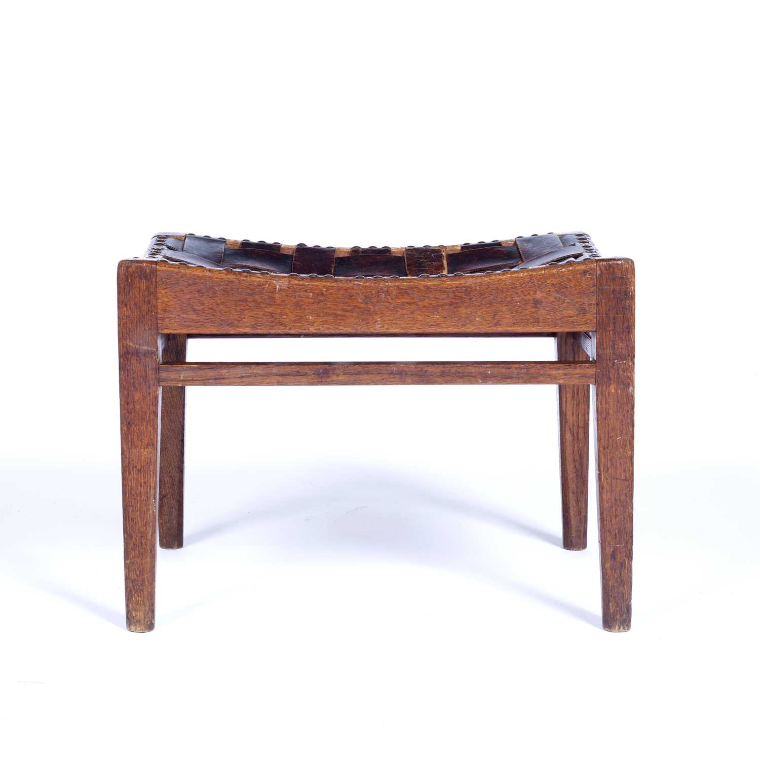 Arthur Simpson (1857-1922) of Kendal Arts and Crafts oak stool, with interwoven leather straps, - Image 3 of 7