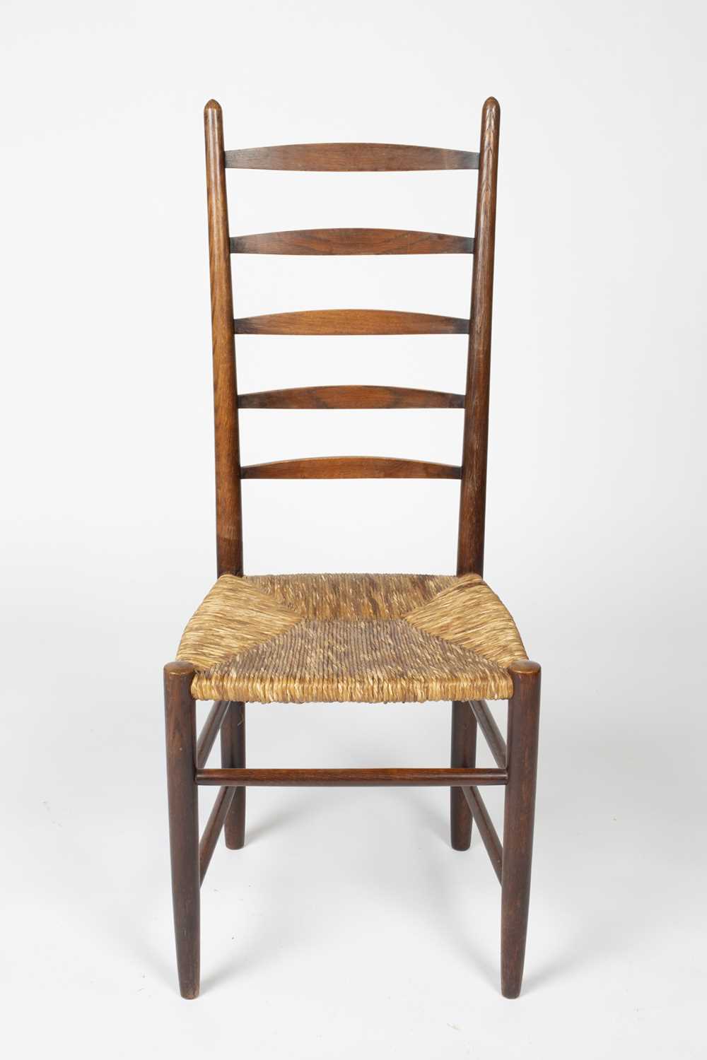 Arts & Crafts set of eight oak ladderback dining chairs with raffia seats, unmarked, 110cm high (8) - Image 3 of 9