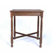 Arts and Crafts oak square table on x stretchers, marked to the underside 'GR VI', 61cm x