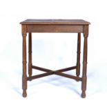 Arts and Crafts oak square table on x stretchers, marked to the underside 'GR VI', 61cm x